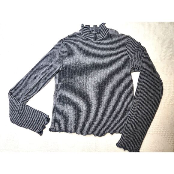 Vintage Ribbed Mock Neck Lettuce Hem Top XS Charcoal Gray Made in USA Y2K Knit - Picture 3 of 6